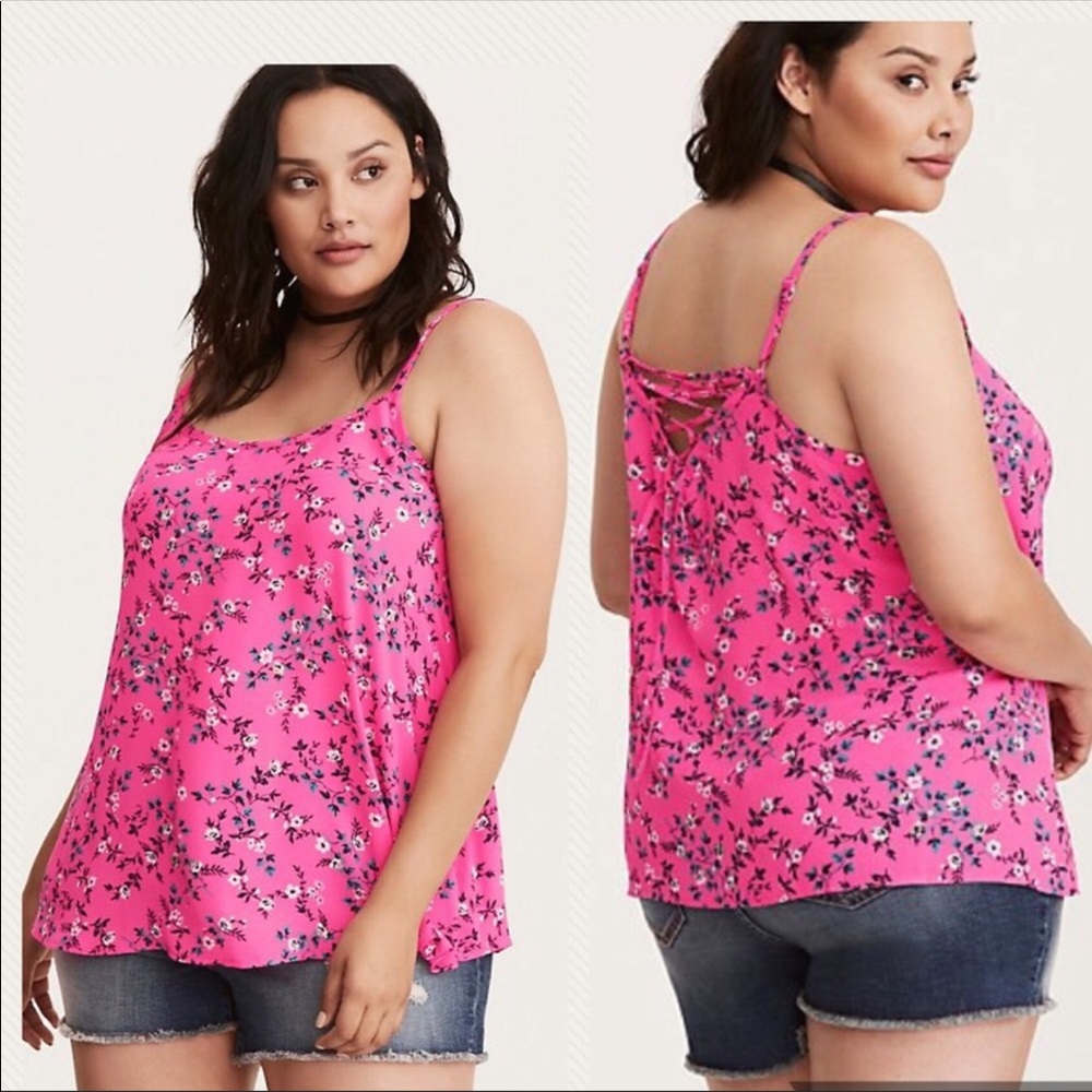 Torrid Bright Pink Floral Lace Up Back Tank Top